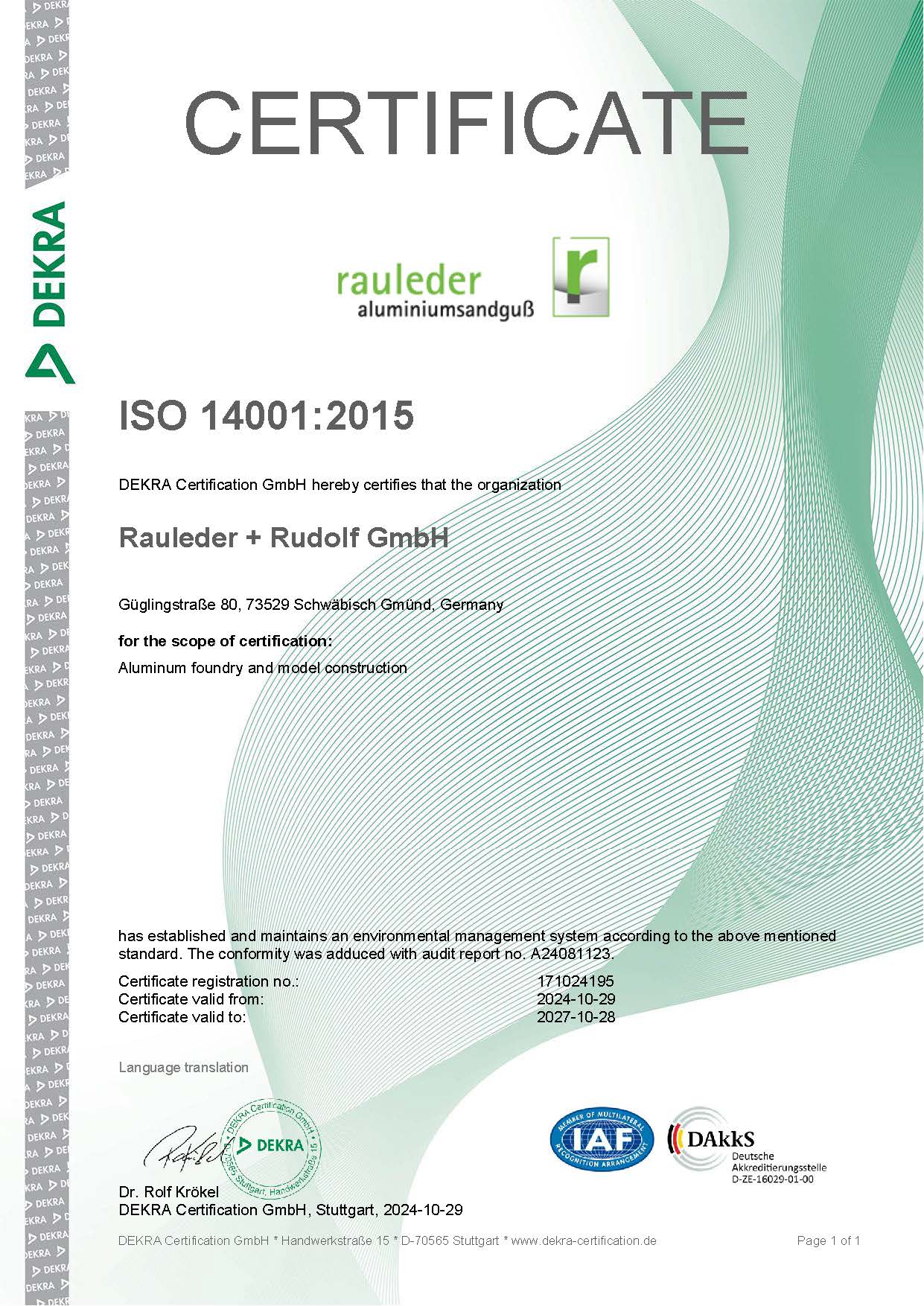 Vorschaubild Zertifikat ISO 14001:2015 Englisch